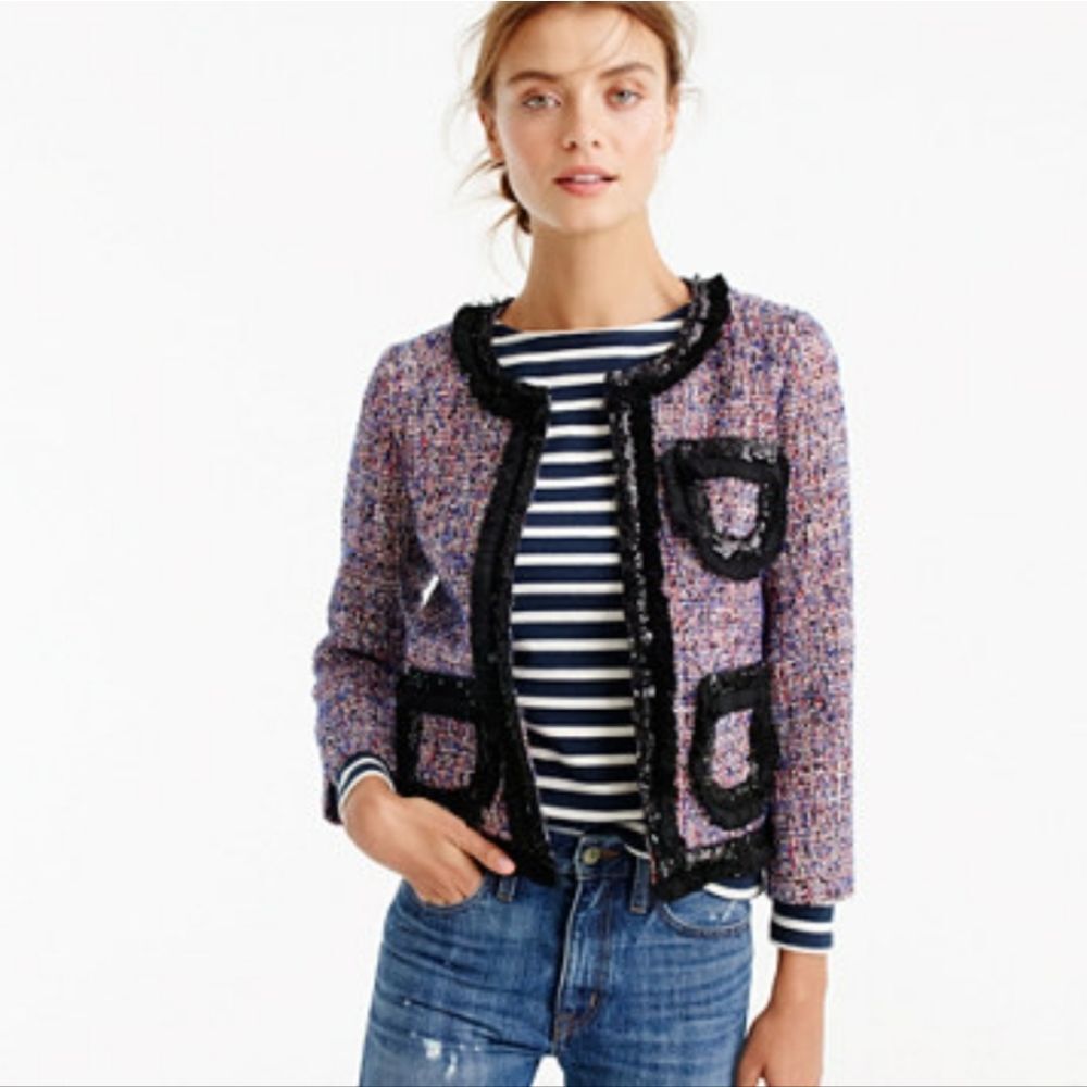 J. Crew Tweed Blazer Jacket Purple sparkly Black Trim Cotton Wool Blend Size 10